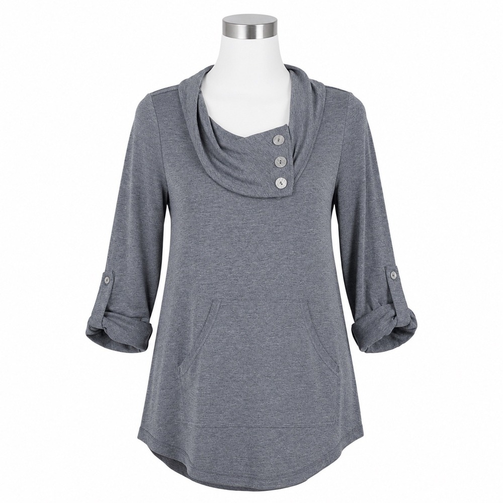 Soft Surroundings Tunic Medium Petite Gray Cowl Neck Button Tab Sleeve Neutral